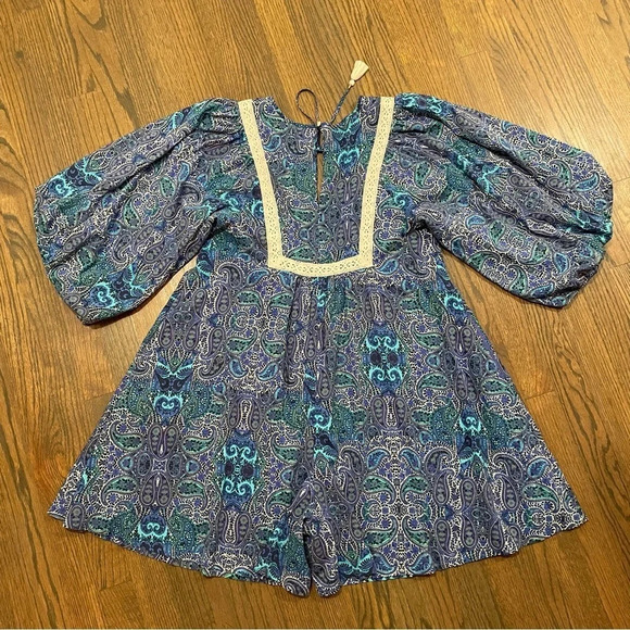 Anthropologie Lissa Romper Ballon Sleeve Blue Motif Paisley Size Small - Picture 6 of 10